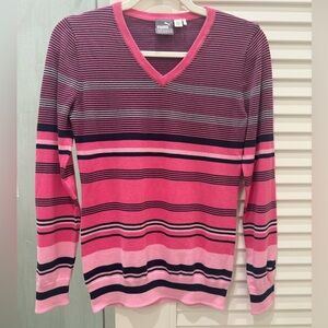 Puma Pink and Navy Striped V-Neck Sweater